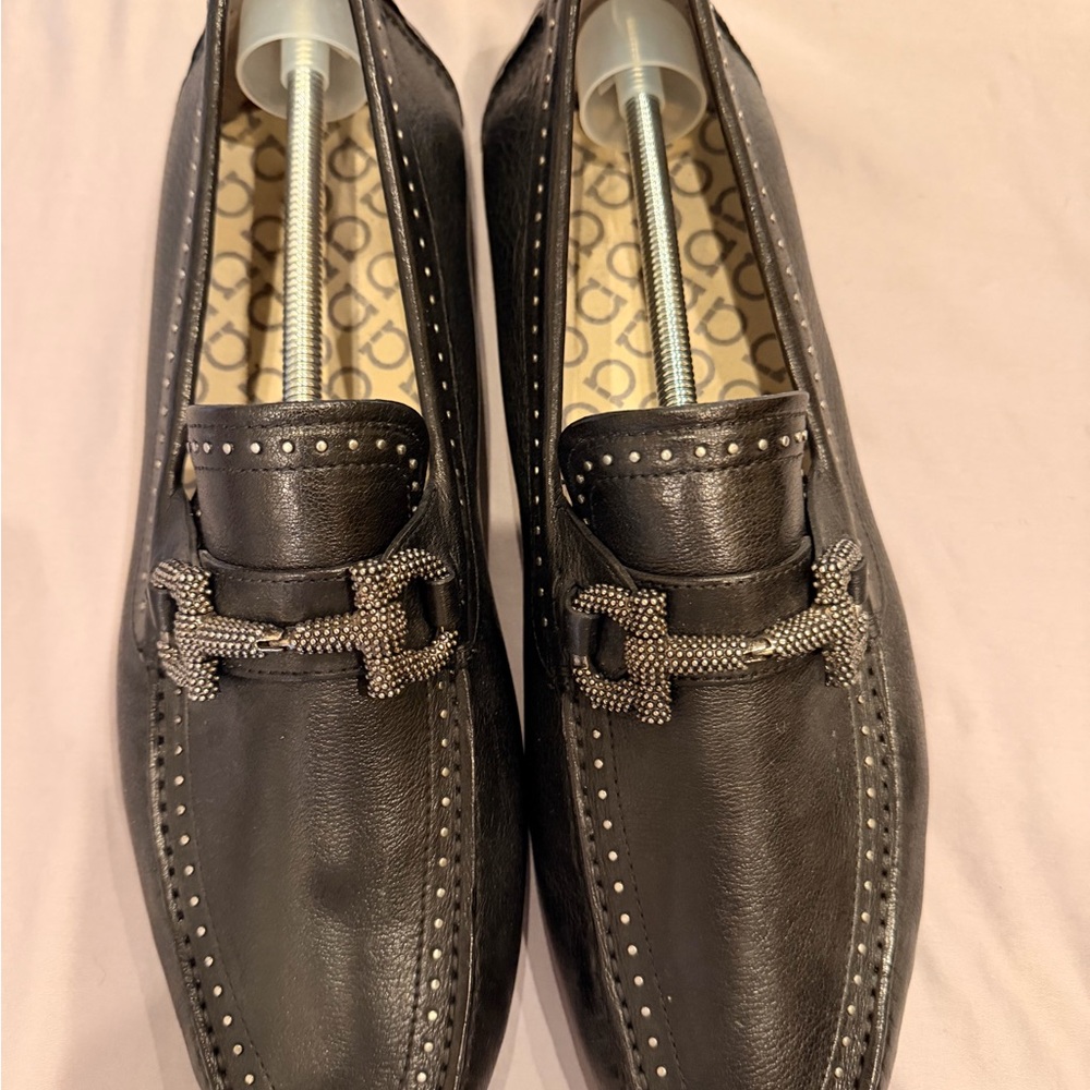 Salvatore Ferragamo Black Leather Loafers with Silver Detailing